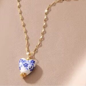 Vintage Floral Porcelain Heart 18K Gold Stainless Steel Non Tarnish Necklace